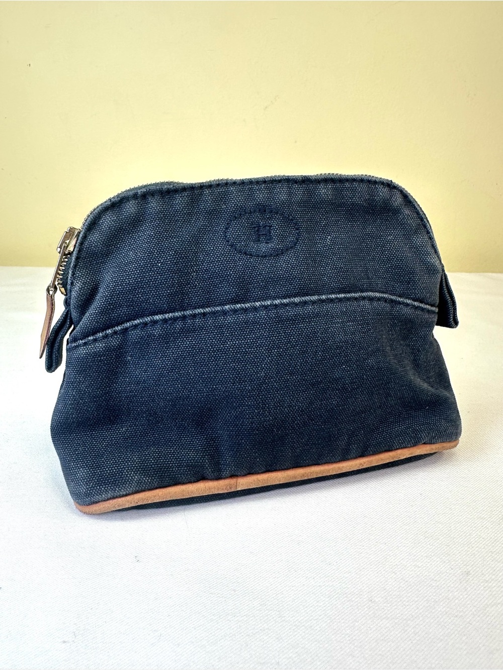Hermes Bolide black canvas w/ leather trim zip top pouch